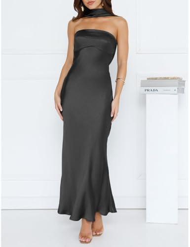Women's Summer Satin Strapless Tube Top Maxi Dress Elegant Silk Backless Halter Neck Formal Party Dresses Wedding Guest3