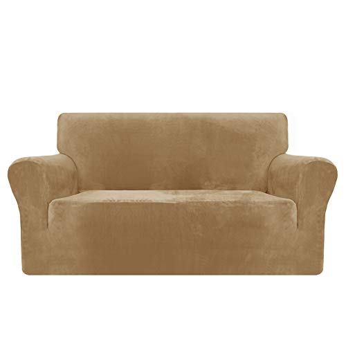MAXIJIN Housse de canapé de protection en velours épais super extensible et antidérapant pour animaux domestiques 2 places Beige Cover
