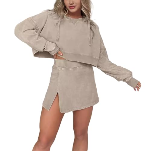 2024 New Lounge Washed Hoodie Skirt Set,Trendy Lounge Long Sleeve Skort Set,Women Mini Sweat Sets 2 Piece Outfits