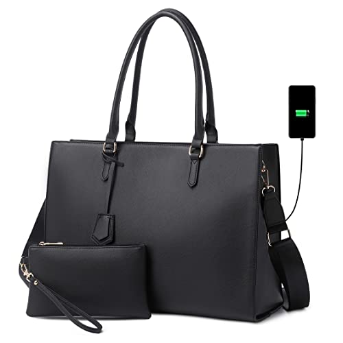 Laptop Bag for Women 17 inch Casual Work Bags with USB Charging Port Laptop Tote Bag with Clutch Purse (Black)