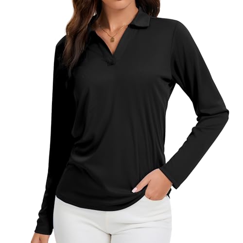 Women's V-Neck Polo Shirts Long Sleeve Quick Dry UPF 50+ Sun Protection Business Casual Collared Tops Trendy Loose(BK M) Black
