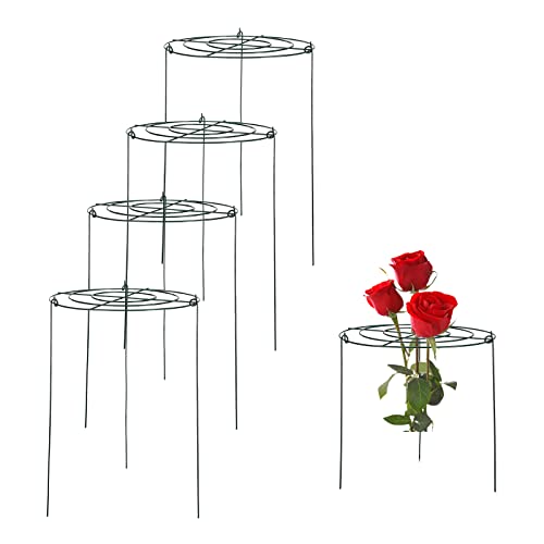 FXforer Runde Pflanzenstütze, Pfingstrosen-Käfige und Stützen zum Durchwachsen von Pflanzen, Ringrahmen mit 3 Beinen, Pflanzenstützpfahl, Metall, Garten, Pflanzkäfig, 4 Stück, Grün, 11.8 x 17.8 inch Cover