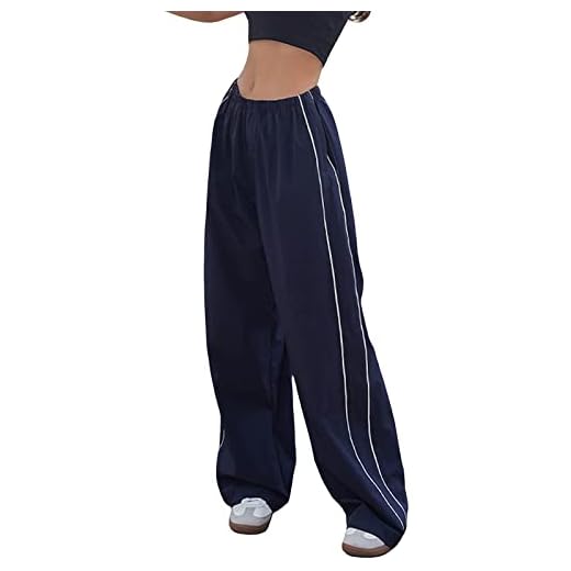 ANFUTON Pantalones de paracaídas para mujer, pantalones cargo holgados para correr, rectos, pierna ancha, pantalones de cintura alta con bolsillos, ropa de calle Y2K, azul marino, S