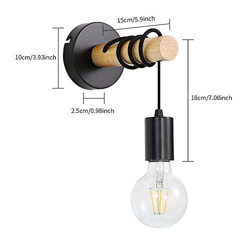 Applique Murale en Bois Vintage, Applique Rétro Industrielle, Lampe Murale Suspendue à Base Ronde en Métal, Éclairage Mural Noire Intérieur E27 pour Chambre, Salon, Couloir (Sans Ampoules) - Image 4