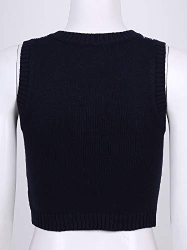 Tssoe Women's Y2K Argyle Plaid Knitted Sweater Vest V Neck 90S E-Girls Preppy England Style Knitwear Tank Tops Navy Blue Small #TOP2