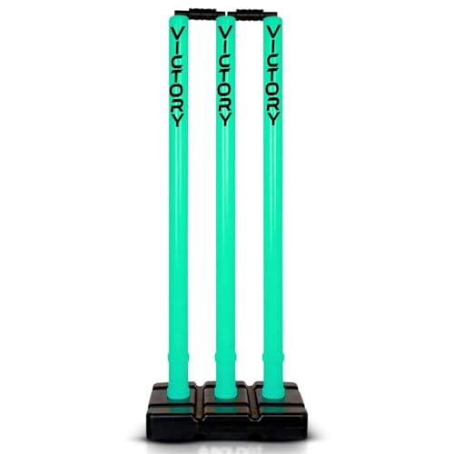 Image of Victory Cricket Stumps with Stand Cricket Kit Plastic Wickets for Cricket Standard Size Wickets for Cricket Ground, Match, Tournament Stump with Stand & Bails (Cyan)