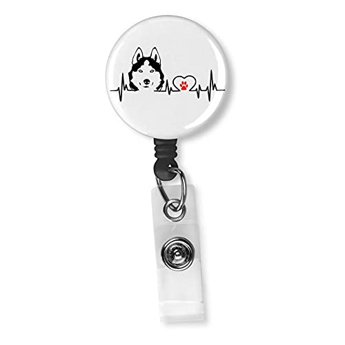 Husky Heartbeat Badge Reel – 1.5″ Retractable ID Holder with 34″ Cord, Swivel or Slide Clip – Husky Dog EKG Line Design for Nurses & Dog Lovers