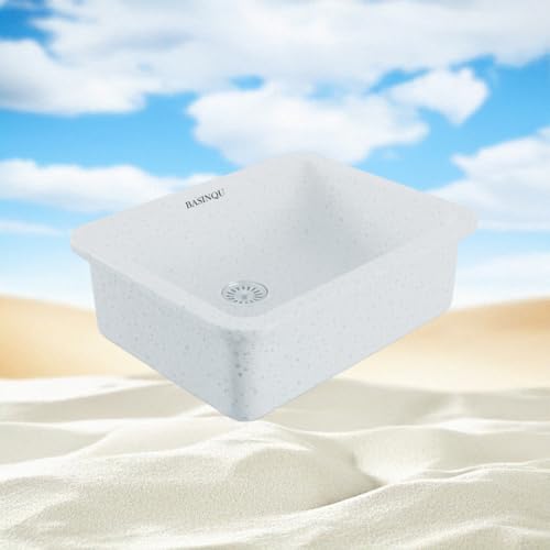 Image of BASINQU Quartz Sink for Kitchen | 24x18x9 Inches Sand-Pluto Single Bowl Sink For Kitchen Basin Round Corner Kitchen Sink | Granite UV Protected Scratch Resistant Undermount /Topmount Sinks