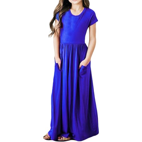 Toddler Kids Girls Long Sleeve Stripe Print Loose Casual Long Maxi Summer Dresses with Pockets for Girls (Blue, 8-9 Years)