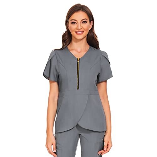 VIAOLI Scrub Tops for Women Nurse Shirt Uniform Workwear Fashionable with Ruffle and Zipper Design Medical Clothes Grey