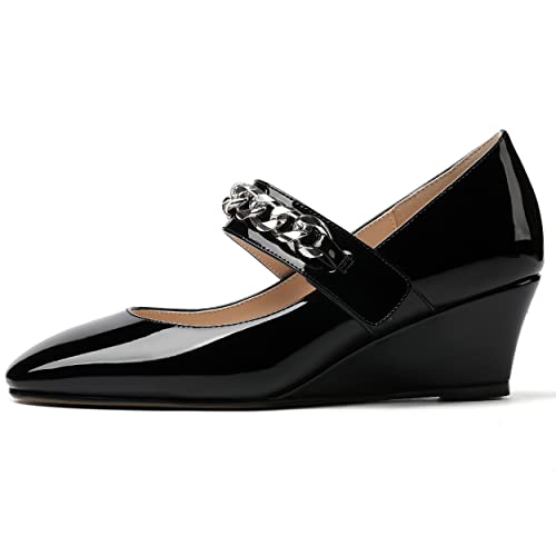 WAYDERNS Women's Slip-on Patent Lace Up Metal Chain Square Toe Mary Jane Wedge Low Heel Pumps Shoes 2 Inch2