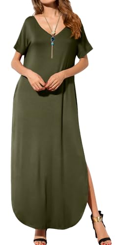 Image of GRECERELLE Women's Summer Maxi Dress Casual Loose V Neck Short Sleeve Side Split Long Dresses with Functional Pockets