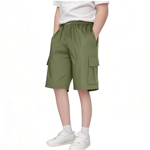 Kids Boys Cargo Shorts Loose Casual Solid 𝐃rawstring Long Knee Length Wide Leg Shorts Pants with Pockets