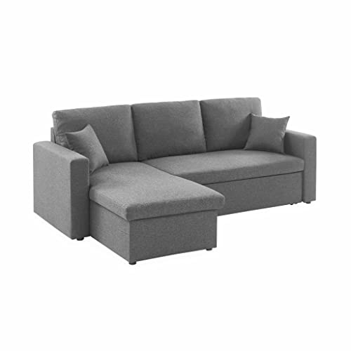 Alice's Home - Canapé d'angle Convertible en Tissu Gris chiné foncé - IDA - 3 Places. Fauteuil d'angle réversible Coffre Rangement lit modulable. 2 Coussins Inclus.