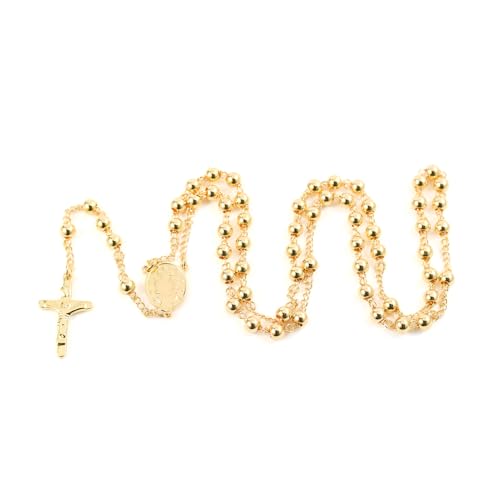 Rosary Beads Catholic Necklace for Women and Men 6mm 18K Gold Plated Stainless Steel Gold Long Crucifix Cross Christian Religious Anglican Prayer Beads Y-Necklace Jewelry with a Gift Box
