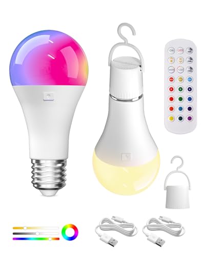 Lamptobe Lampadina Ricaricabile USB con Telecomando, 12 RGB+3 Temperature di Colore, E27 Lampadina Intelligente RGB, Dimmerabile LED a Batteria con Funzione di Timer, Lampadina Colorata, 2 Pezzi