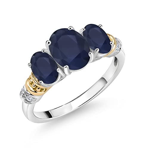 Gem Stone King 925 Sterling Silver and 10K Yellow Gold Oval Blue Sapphire and White Diamond 3 Stone Ring For Women (2.94 Cttw, Gemstone September Birthstone, Available In Size 5, 6, 7, 8, 9)