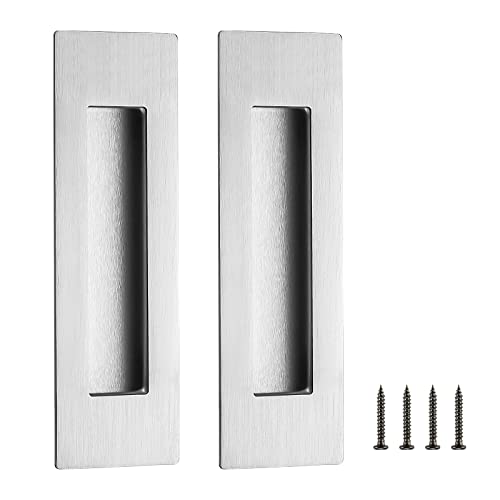 Ravinte 2 Pack Brushed Nickel Sliding Closet Door Handles Silver Flush Pulls 7in Length Recessed Finger Pulls for Sliding Barn Door Sqaure Cabinet Pulls Stainless Steel