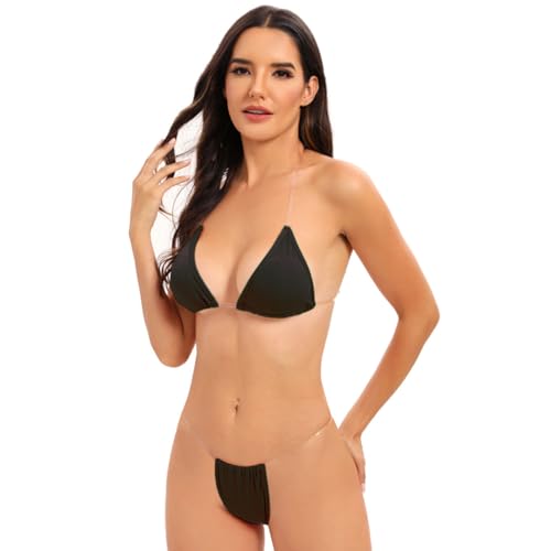 Micro Bikini, Clear Straps, Thong Bikini Set, Sexy Cheeky Brazilian Swimsuit for Women Bathing Suit Black Onesize 2-83