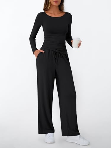 LILLUSORY Womens Boat Neck Long Sleeve Side Ruching Asymmetric Hem Top Wide Leg Pants 2 Piece Casual Lounge Set with Pockets3
