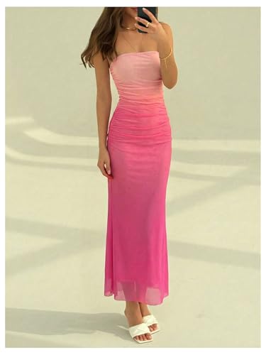 Image of GORGLITTER Women's Sunset Ombre Strapless Cocktail Bridal Shower Midi Dress | Orange Wedding Guest Dress, Mesh Tube Dress, Bridesmaid Dresses, Vacation Beach Sundresses,