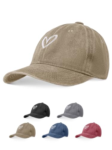 Decorie Womens Vintage Baseball Cap with Heart Embroidery Adjustable Cotton Sun Cap for Summer (Khaki One Size)
