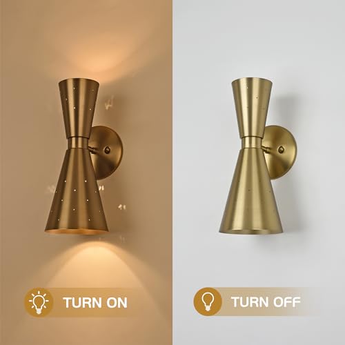 Image of Brass Wall Sconce, Mid Century Modern Sconce Wall Lighting, Up Down Gold Wall Sconces E12 Base, Vintage Farmhouse Wall Lights Hardwired Wall Lamps for Bedroom Bathroom Living Room Staircase