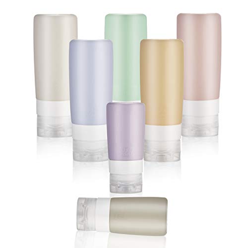 Travel Bottles/Toiletries Containers TSA ApprovedTravel Sizes 3oz & 2.8oz Leakproof Lid with Valve BPA Free Food Grade Silicone, Use for Shampoo Conditioner Lotion Body Wash (7 per Pack)…