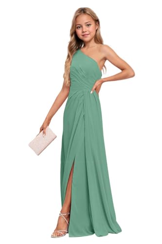 Junior Bridesmaid Dresses One Shoulder Chiffon Flower Girl Dress Mint Green Long Party Pageant Gowns Size 7