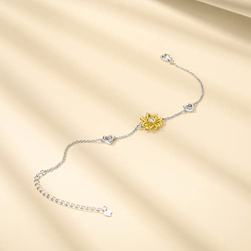 SNZM Bracelets for Women-925 Sterling Silver Sunflower Bracelet Chain Adjustable Heart Charm Link Birthday Sunflower Jewelry Gifts for Women/Daughter/Girlfriend2