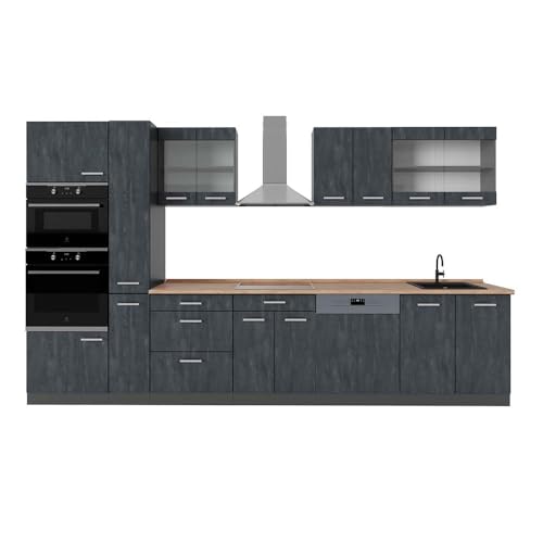 Vicco Cuisine complète R-Line, Noir Béton/Anthracite, 350cm, PT Chêne, adapté à Une Extension Flexible avec des modules supplémentaires
