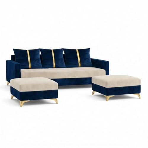 Image of Caviar 5 Seater L Shape Sofa Set with 2 Movable Ottomans | Flexible Layout | Luxury Velvet Suede Fabric | Modern Living Room Sofa | Dark Blue-Cream