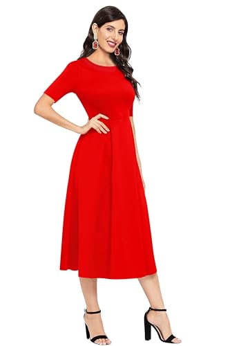 Image of LONDON BELLY Women's Poly Cotton Midi Dress with Round Neck 3 /4 Sleeves Solid Pattern Regular Fit and Calf Length | Women Midi Dress | Casual Party Summer for Womans