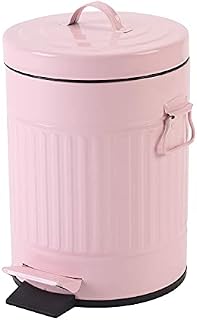 Bathroom Bin with Lid, Small Pink Trash Bin Wastebasket For Home Bedroom With Lid, Round Waste Bin Soft Close, Retro Vintage Garbage Metal Bin For Office, 5 Liter / 1.3 Gallon, Glossy Pink