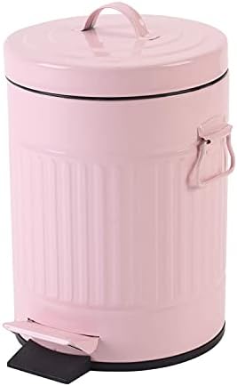 Bathroom Trash Can with Lid, Small Trash Can Wastebasket for Home Bedroom with Lid, Round Waste Bin Soft Close, Retro Vintage Garbage Metal Cans for Office, 5 Liter / 1.3 Gallon, Glossy Pink