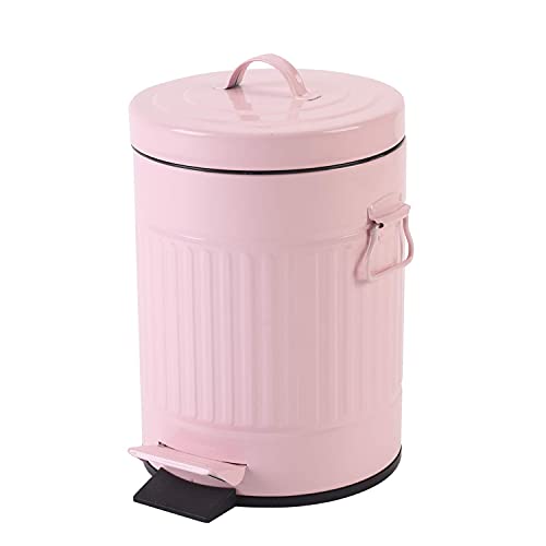 Image of Bathroom Trash Can with Lid, Small Trash Can Wastebasket for Home Bedroom with Lid, Round Waste Bin Soft Close, Retro Vintage Garbage Metal Cans for Office, 5 Liter / 1.3 Gallon, Glossy Pink