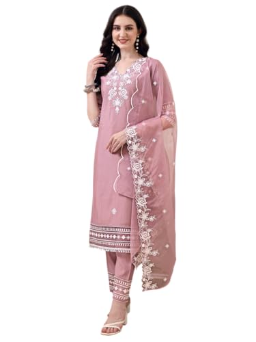 Image of NIVANA Womens Pakistani Style Embroidered Kurta with Pant & Embroidered Dupatta | Chanderi Straight Kurta Set with V-Neck & 3 /4 Sleeves | Ethnic Wear for Festive & Casual Occasions