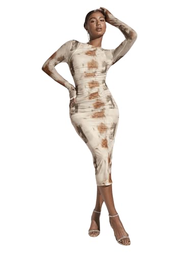 Image of GORGLITTER Women's Mesh Long Sleeve Bodycon Midi Dress Fall Cocktail Birthday Dinner Wedding Guest Going Out Dresses
