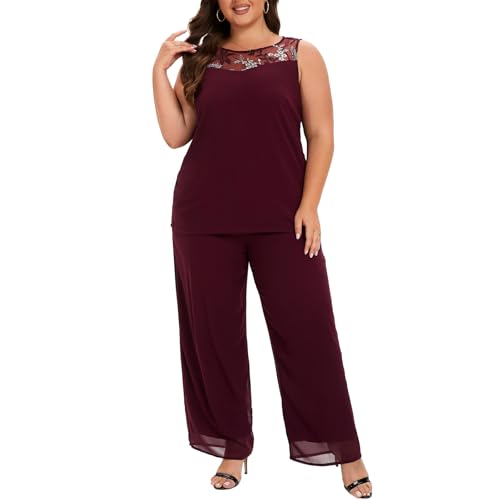 Women's Plus Size Wedding Pant Suits 3 Piece Chiffon Party Outfit for Mother of The Groom Bride Evening Gowns Wine Red by Go Mai - Image 5