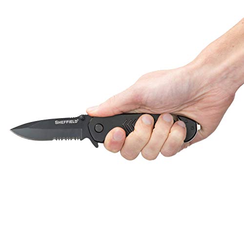 Sheffield 12870 Moab 3.5 Inch Emergency Folding Knife, Partially Serrated Drop Point Blade, Belt Cutter, Glass Breaker, Tactical Edc Pocket Knife #TOP4