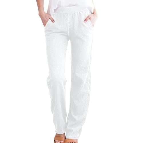 Jeans for Women Pull on Denim Pants High Waisted Straight Leg Stretch Casual Baggy Trousers with Pockets 2026 Spring Summer Fashion White