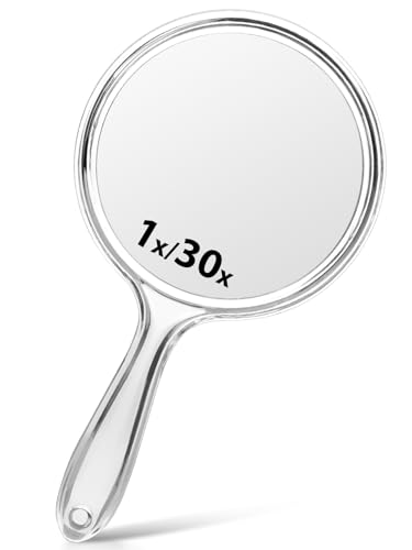 Macaki Double-Sided Handheld Mirror with 1X/30X Magnification, Perfect for Travel and Makeup, 21 x 11 cm (Transparent White, 1PC)