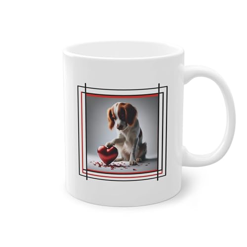 Tazza da regalo conveniente – cane spaniel Breton & Cuore – regalo economico uomo donna bianco lucido 11oz