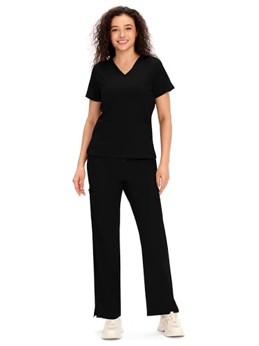 COZYFIT Scrubs for Women - COZY SCRUBS V Neck Top and Bootcut Cargo Straight Pants, Womens Scrub Sets with 12 Pockets, Black, M