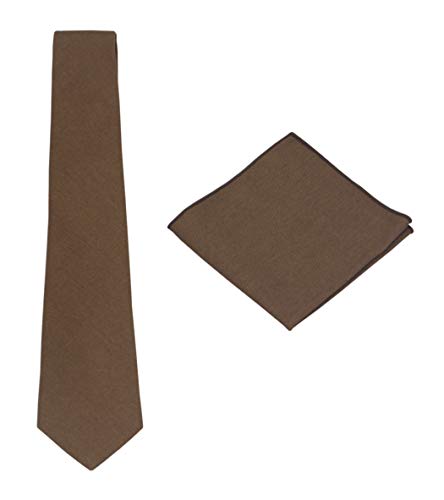 Mens Solid Linen Tie Set : Necktie with Matching Pocket Square - Various Colors (Brown)