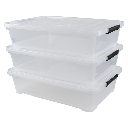 3-Pack 50 Quart Under the Bed Low Profile Storage Boxes, Clear | Large Under Bed Storage Bin with Easy Rolling Caster Wheels