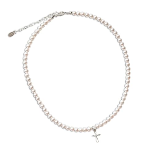 Image of Children's 14K Gold Plated or 925 Sterling Silver Cross Bracelet with Simulated Pearls for Girls First Communion, Baptism, Christening or Dedication Gift