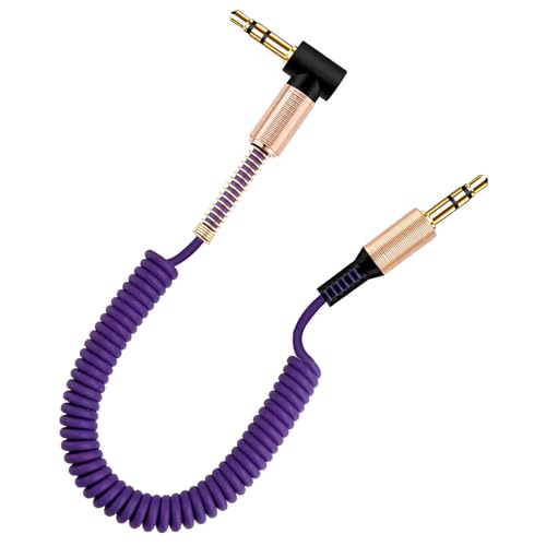 Image of skysia 3.5mm AUX Cable - Spiral Spring Male-to-Male Audio Cord with 90 Right Angle Jack, Stretchable & Tangle-Free Steel Spring Design for Car, Headphones & Speakers Etc (Pack of 1) (Purple)