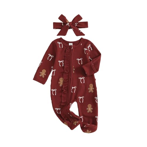 Twopumpkin My First Christmas Baby Girl Boy Outfit Newborn Christmas Waffle Knit Ruffle Footie Romper Jumpsuit Xmas Clothes (Wine red gingerbread,0-3 Months)