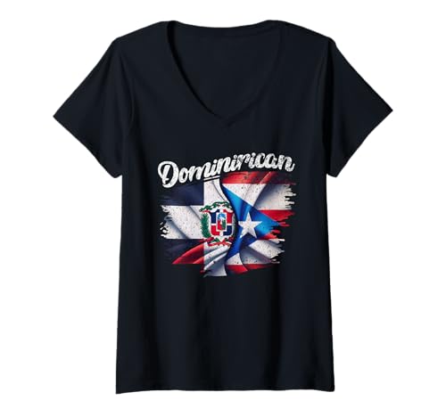 Femme Dominirican DR Dominican Republic Puerto Rico PR Flag Pride T-Shirt avec Col en V